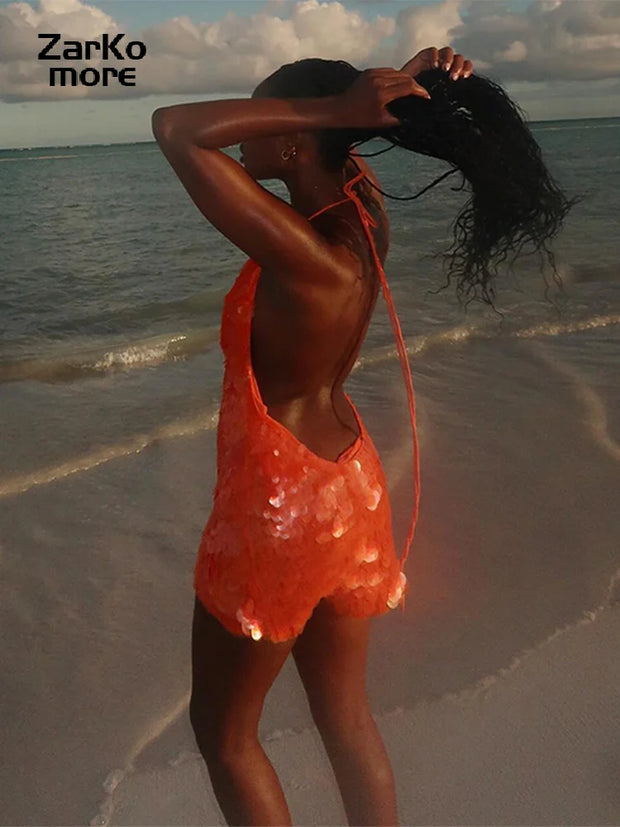 Sexy Sequin Halter Mini Dress Women Backless Lace Up Slim Party Club Dresses Female 2025 Summer Lady Bodycon Y2K Orange Robes