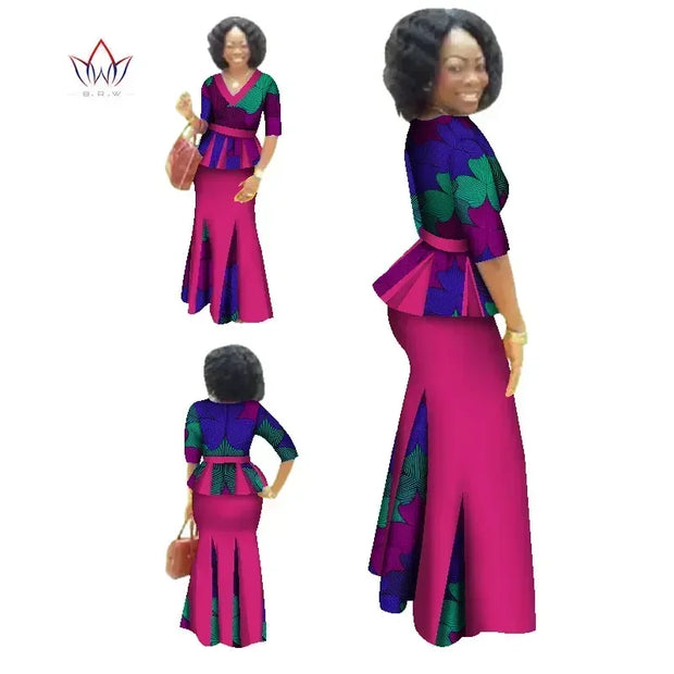 Traditional African Clothing 2 Piece Set Women Clothes Half Sleeve Maxi Dress Dashiki African Print Skirt free Scarf 6XL WY1435