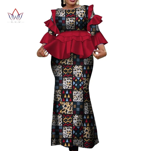 African Two Piece Outfits Set for Women Fashion Dashiki Ruffle Dashiki African Clothes Bazin Plus Size Clothing for Party WY4142