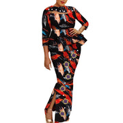 African Wax Print Clothing Women 2 Piece Outfits Set Bazin Riche Applique Flower & Pearls Women Tops and Skirt Set WY3698