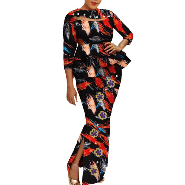 African Wax Print Clothing Women 2 Piece Outfits Set Bazin Riche Applique Flower & Pearls Women Tops and Skirt Set WY3698