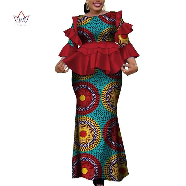 African Two Piece Outfits Set for Women Fashion Dashiki Ruffle Dashiki African Clothes Bazin Plus Size Clothing for Party WY4142