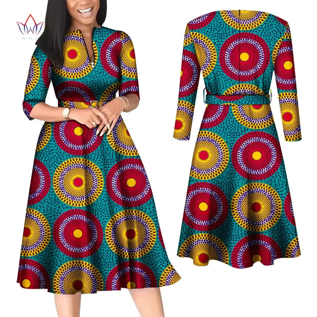 BintaRealWax African Dresses for Women Elegant V Neck Office Midi Dresses with Belt Riche Cotton Africa Print Clothing WY7886