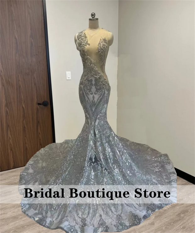 Sparkly Royal Blue Diamonds Mermaid Prom Dress Sequins Gown Bead Crystal Rhinestones Wedding Birthday Party Dress Customized