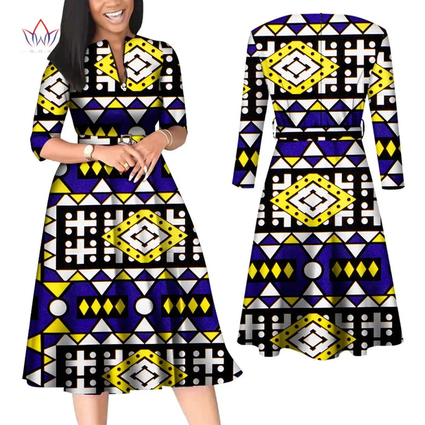 BintaRealWax African Dresses for Women Elegant V Neck Office Midi Dresses with Belt Riche Cotton Africa Print Clothing WY7886