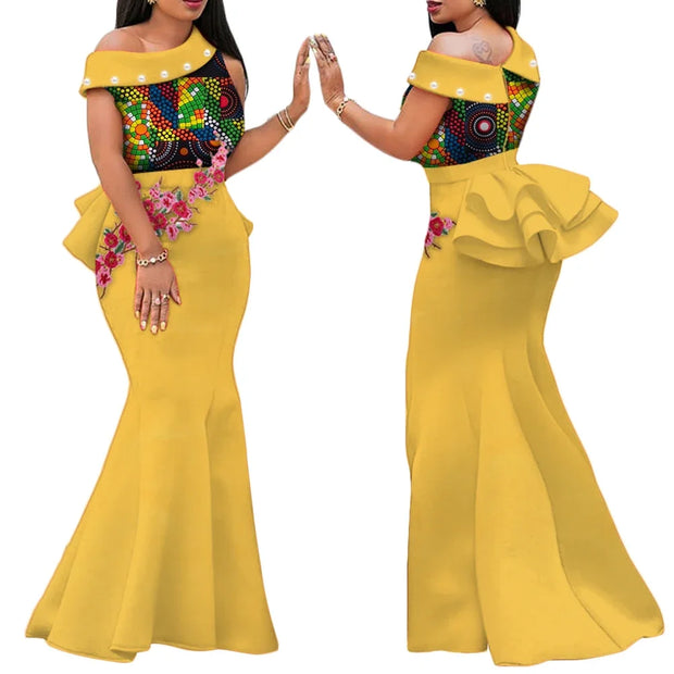 African Print Dresses for Women Riche Applique Draped Peals Long Dress Party Vestidos Traditional African Lady Clothing WY444