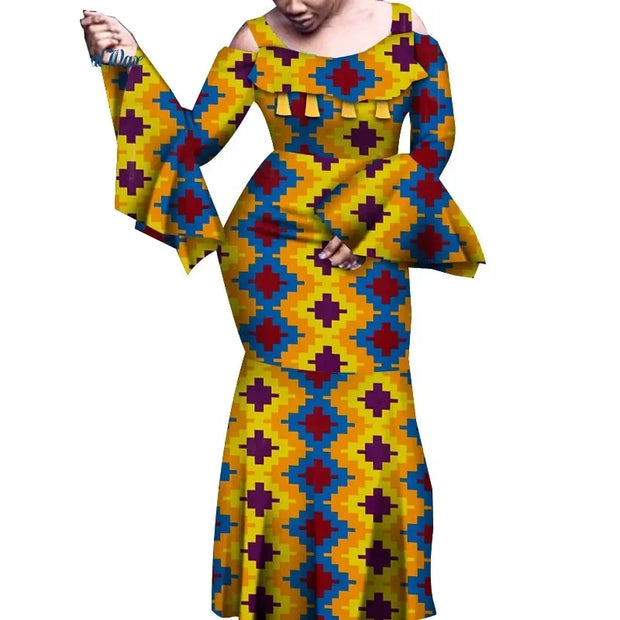 African Dresses for Women Print Flare Long Sleeve Dresses Vestidos  Riche African Wedding Party Sexy Ankara Dresses WY6843