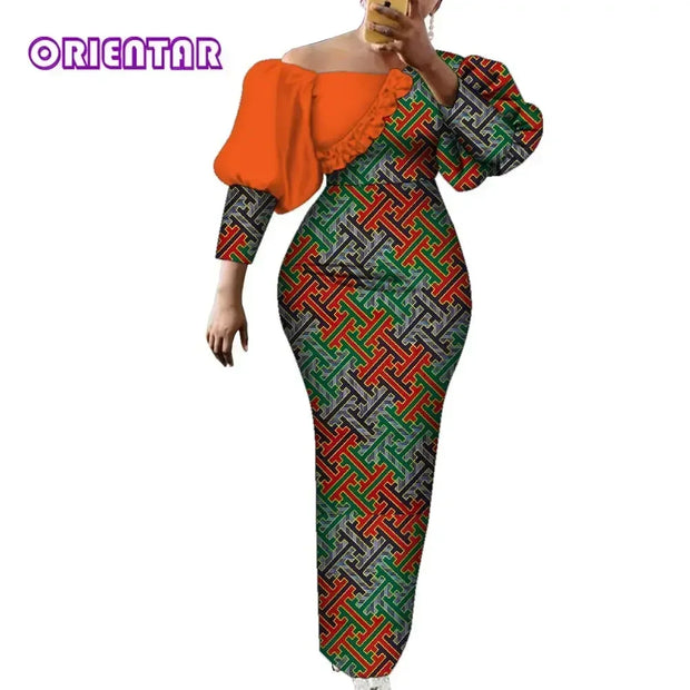 Women Dress African Print Cotton Puff Sleeve Evening Dress African Clothes for Women Elegant Bodycon Long Party Dress WY2122