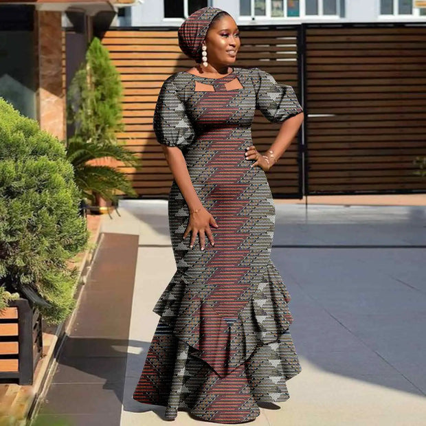 Evening Dresses African Dresses for Women Print Ruffles Maxi Dress with Free Headwrap Elegant Lady Party Wedding Gown Y2225020