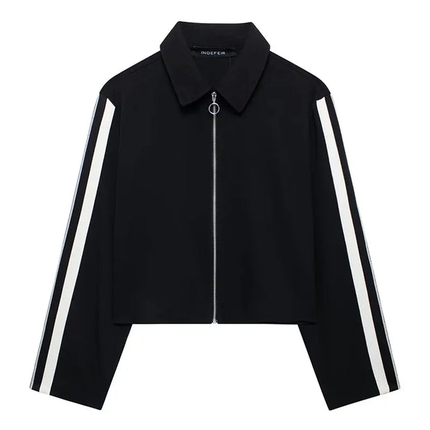 TRAFZA 2024 New Women Casual Black Trousers Suits Sports Short Jacket + Female Vinatge Black White Patchwork Baggy Pants Street