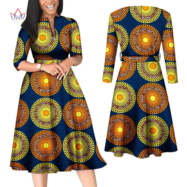 BintaRealWax African Dresses for Women Elegant V Neck Office Midi Dresses with Belt Riche Cotton Africa Print Clothing WY7886