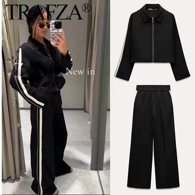 TRAFZA 2024 New Women Casual Black Trousers Suits Sports Short Jacket + Female Vinatge Black White Patchwork Baggy Pants Street
