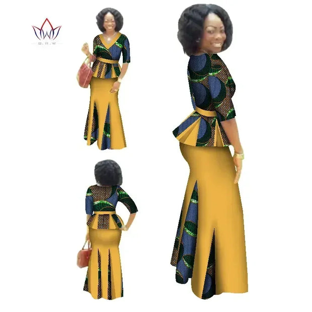 Traditional African Clothing 2 Piece Set Women Clothes Half Sleeve Maxi Dress Dashiki African Print Skirt free Scarf 6XL WY1435