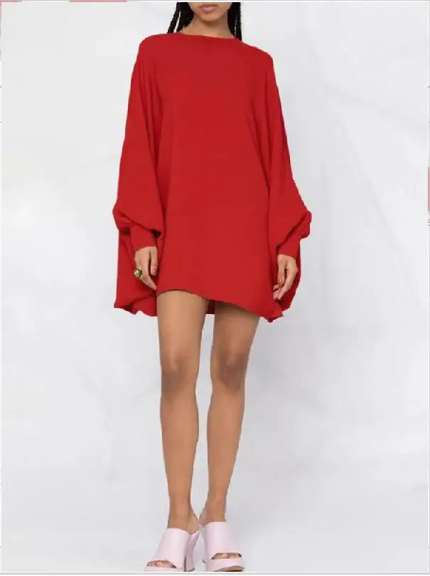 Yeezzi Spring Fashion Female Green Dress Loose Simple Long Batwing Sleeves Solid Color Round-Neck Mini Dresses For Women 2023