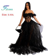 High Quality Sexy Beautiful Ruffles Party Dress Long High Street Style Black Red Mesh Ruffles Corset Maxi Dress Birthday Outfits