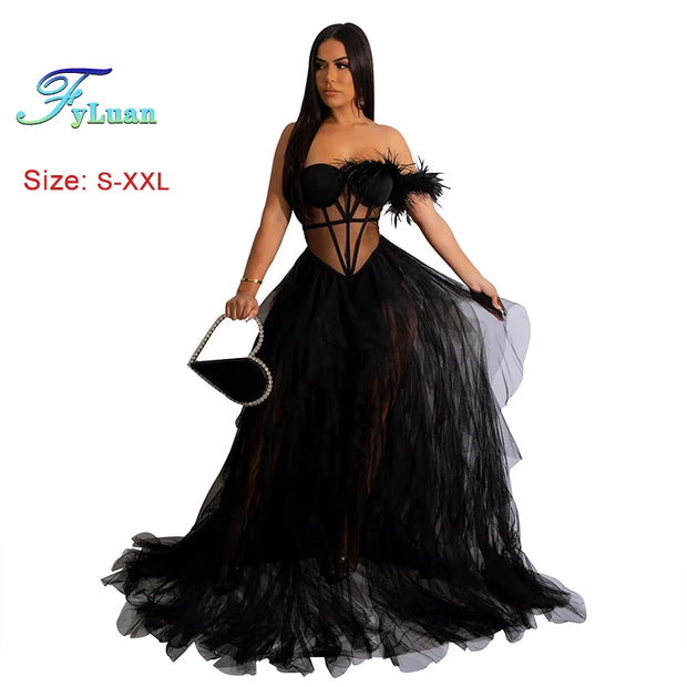 High Quality Sexy Beautiful Ruffles Party Dress Long High Street Style Black Red Mesh Ruffles Corset Maxi Dress Birthday Outfits