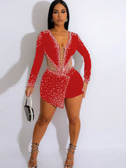 Beyprern Sparkle Pearl Rhinestone Short Jumpsuits Elegant Long Sleeve Sheer Mesh Sequins Rompers Sexy Clubwear Birthday Outfits