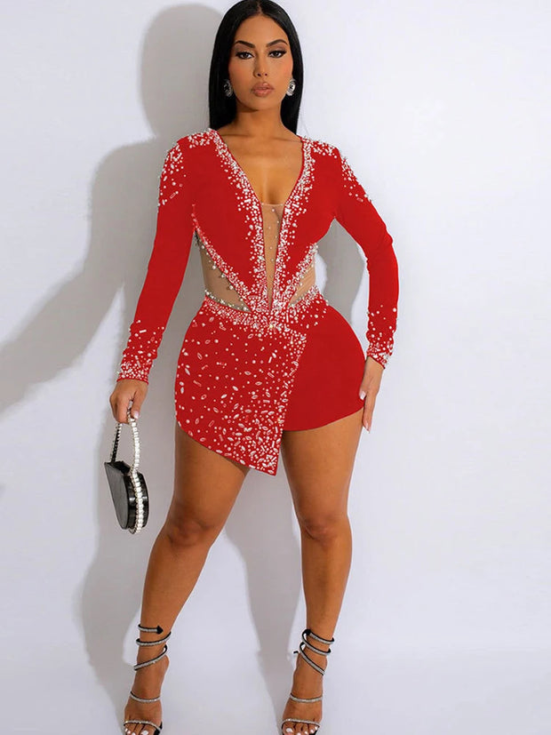 Beyprern Sparkle Pearl Rhinestone Short Jumpsuits Elegant Long Sleeve Sheer Mesh Sequins Rompers Sexy Clubwear Birthday Outfits