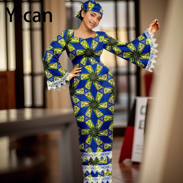 African Dress for Women Elegant Flare Sleeve Lace Dress Slim Fit Party Evening Gown Vestidos with Headwrap African Dress 2425158
