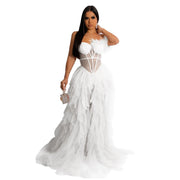High Quality Sexy Beautiful Ruffles Party Dress Long High Street Style Black Red Mesh Ruffles Corset Maxi Dress Birthday Outfits