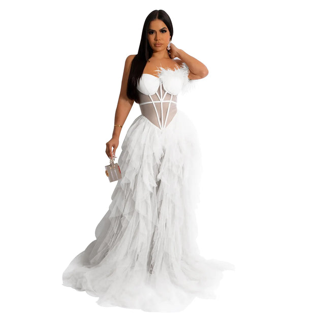 High Quality Sexy Beautiful Ruffles Party Dress Long High Street Style Black Red Mesh Ruffles Corset Maxi Dress Birthday Outfits