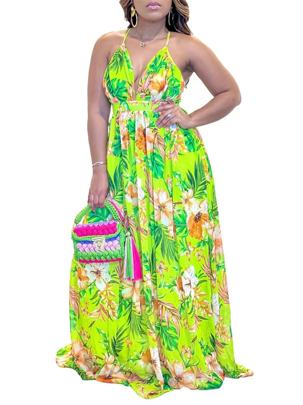 Wmstar Women Dress New in Summer Female  Floral Print V Neck Multi Sleeveless Maxi Dresses Wholesale Dropshipping S-3XL