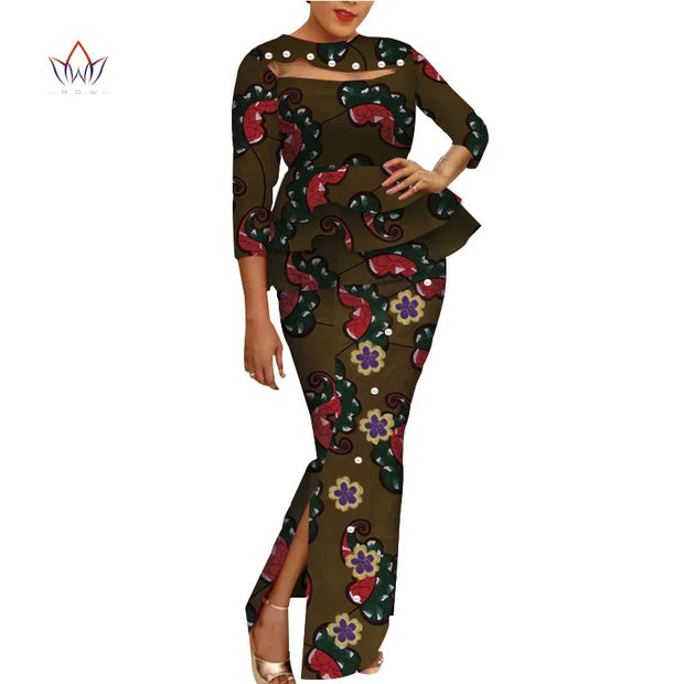 African Wax Print Clothing Women 2 Piece Outfits Set Bazin Riche Applique Flower & Pearls Women Tops and Skirt Set WY3698