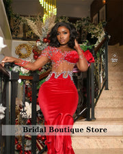Elegant Red Mermaid Evening Dresses 2024 Sheer Sleeves Sparkly Beads Crystals African Wedding Gown Fashion Party Customized