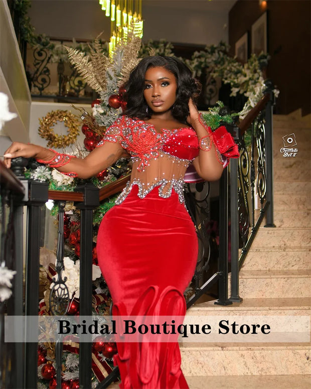 Elegant Red Mermaid Evening Dresses 2024 Sheer Sleeves Sparkly Beads Crystals African Wedding Gown Fashion Party Customized