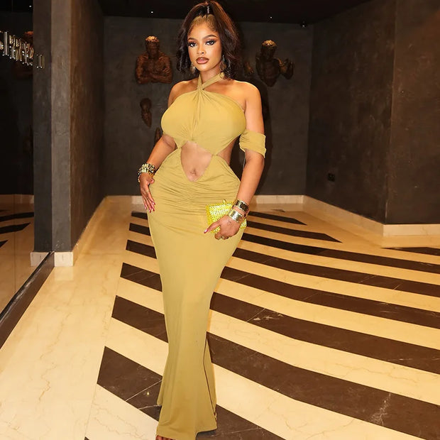 CM.YAYA Summer Women Halter Off Shoulder Cutout Front Bodycon Mermaid Maxi Long Dress Sexy Night Club Party long Dresses Vestido