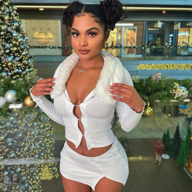 Joskaa Women 2 Piece Set Sexy Fur Collar Full Sleeve Single Breasted Tops and Split Mini Skirt Matched Winter Party Club Outfits