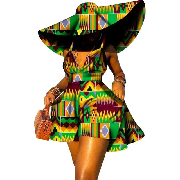 Women Summer Dress African Print Jumpsuit Sexy Sleeveless V-neck Short Pant with Hat Fashion African Clothes Lady Attire WY8844