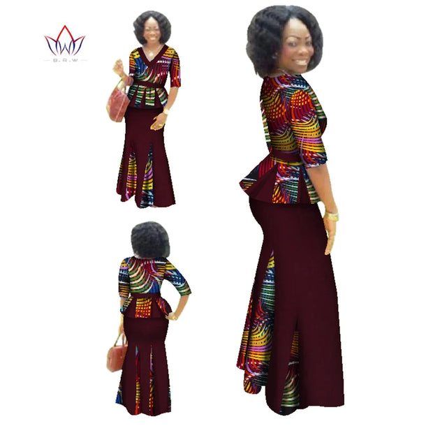 Traditional African Clothing 2 Piece Set Women Clothes Half Sleeve Maxi Dress Dashiki African Print Skirt free Scarf 6XL WY1435