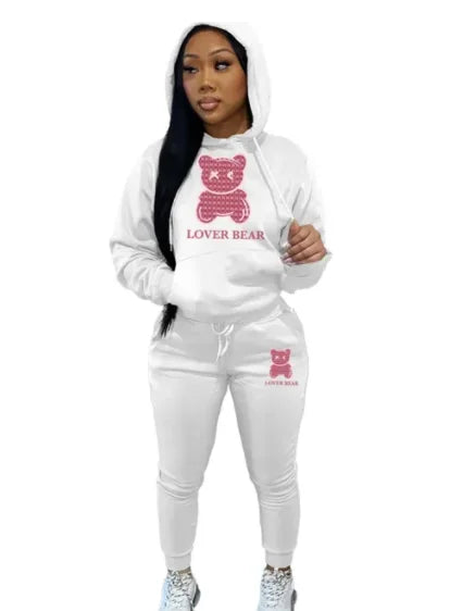 2024 Women's Letter Print 2 Piece Outfits Teddy Bear Letter Print Kangaroo Pocket Tracksuit Set Long Sleeve Sweatshirt and Pants