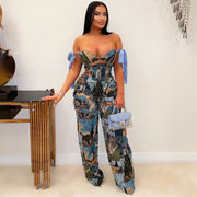 Oil Painting Printed Women's Set Lace Up Back Crop Top and Pants Suit 2025 Fall Winter Two 2 Piece Sets Outfit Tracksuit