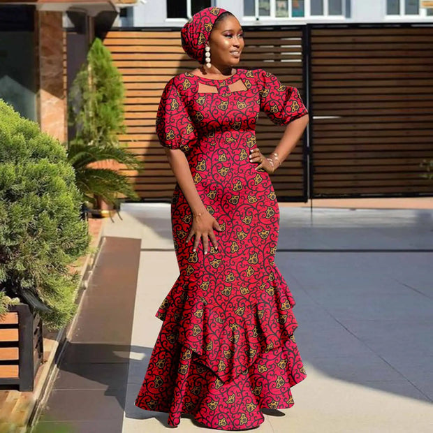 Evening Dresses African Dresses for Women Print Ruffles Maxi Dress with Free Headwrap Elegant Lady Party Wedding Gown Y2225020