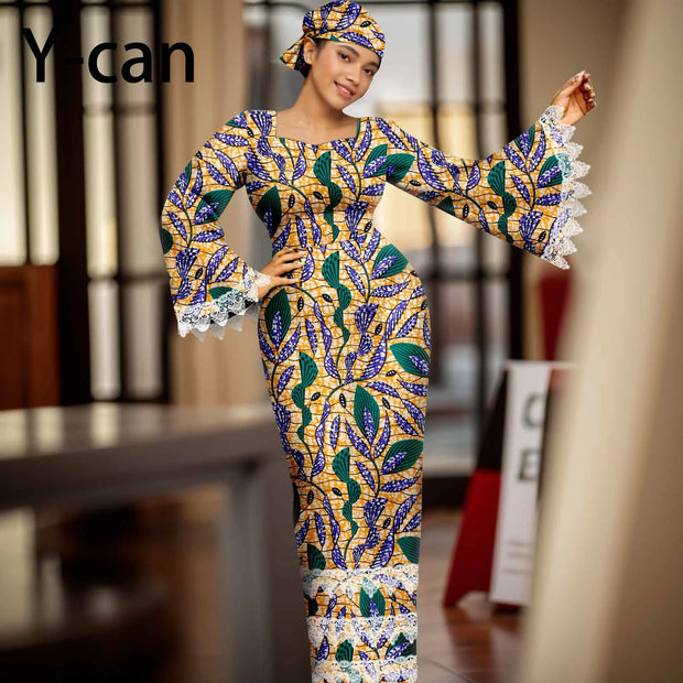 African Dress for Women Elegant Flare Sleeve Lace Dress Slim Fit Party Evening Gown Vestidos with Headwrap African Dress 2425158