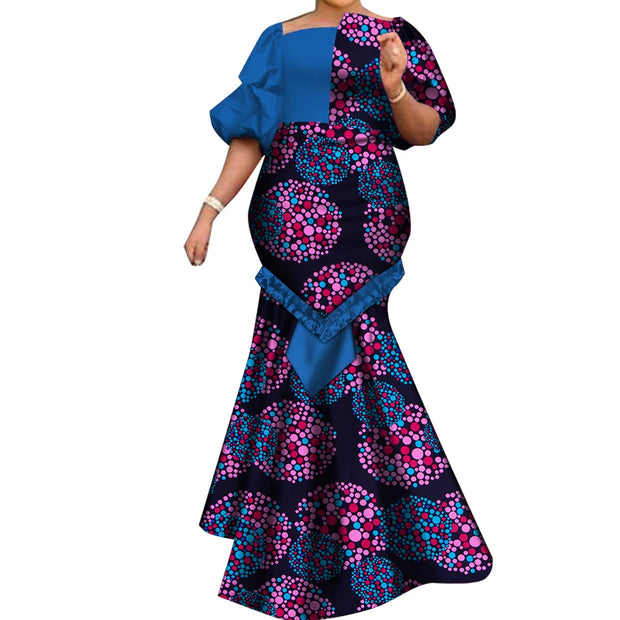 African Dresses for Women Fashion Print Patchwork Ruffle Long Dashiki Dress African Ball Gown for Evening Party WY6824