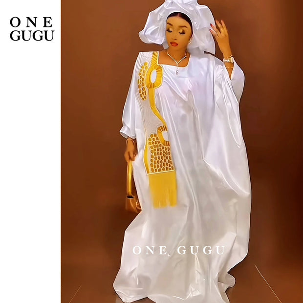 African Traditional Wedding Bazin Riche Boubou And Scarf With Tassels White And Gold Embroidery Basin Dashiki Nigerian Dresses