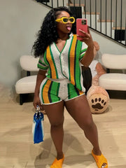 XIZOU Women's Set Striped Knitted Short Sleeve Button Shirt and Shorts 2024 Summer Two 2 Piece Set Outfit Ribbed Tracksuit