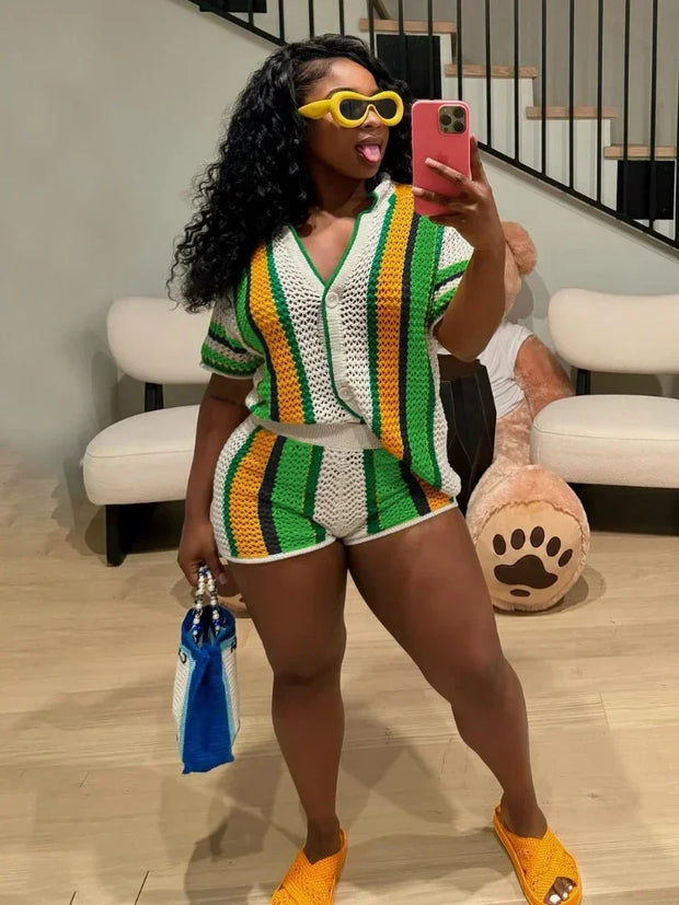 XIZOU Women's Set Striped Knitted Short Sleeve Button Shirt and Shorts 2024 Summer Two 2 Piece Set Outfit Ribbed Tracksuit