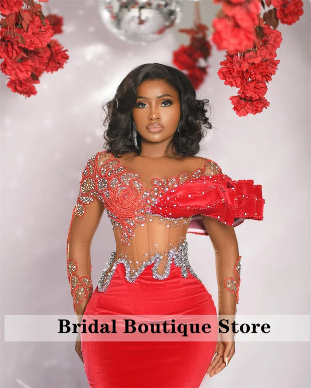 Elegant Red Mermaid Evening Dresses 2024 Sheer Sleeves Sparkly Beads Crystals African Wedding Gown Fashion Party Customized