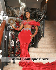 Elegant Red Mermaid Evening Dresses 2024 Sheer Sleeves Sparkly Beads Crystals African Wedding Gown Fashion Party Customized