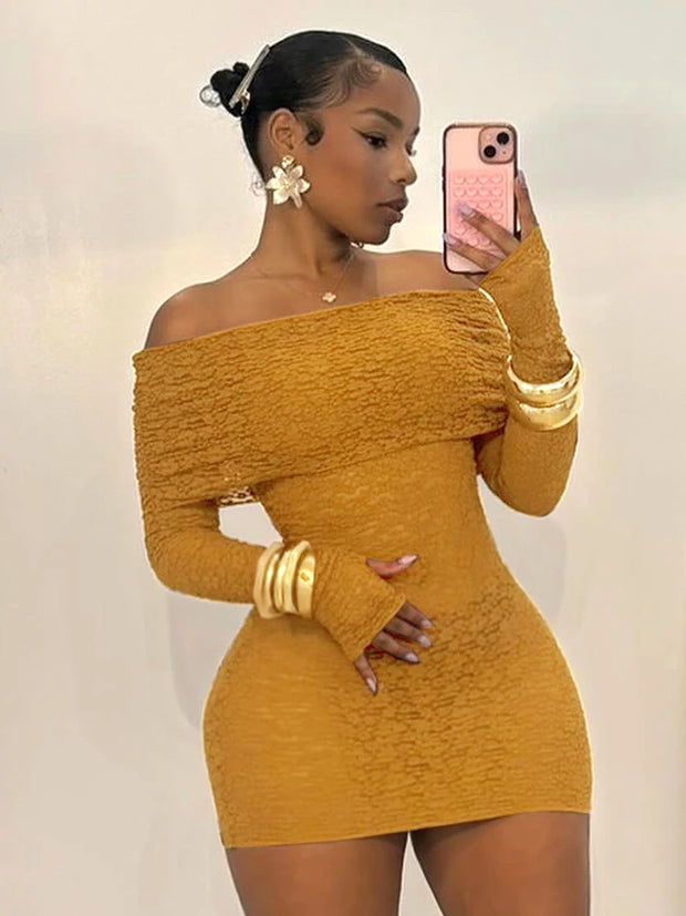 Weird Puss Jacquard Hollow Dress Women Sexy Mesh Patchwork Long Sleeve Slash Neck Autumn Trend Streetwear Party Mini Bodycon