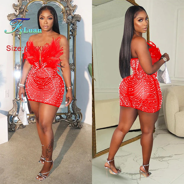 2025 Sexy Tight Fitting Women Halter Tops Dress Feather Decor Backless Short Skirt Summer Suspender Ceremony Sequin Girl Dress