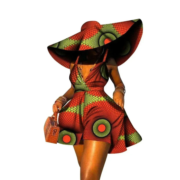 Women Summer Dress African Print Jumpsuit Sexy Sleeveless V-neck Short Pant with Hat Fashion African Clothes Lady Attire WY8844
