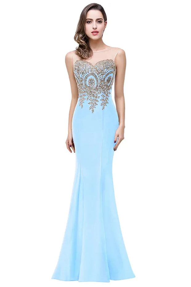 Elegant Mermaid Evening Dress Women Golden Appliques Lace Royal Blue Sweetheart Illusion Wedding Party Prom Gowns Robe de Soiree