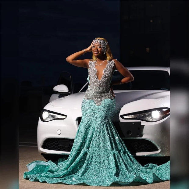 Sparkly Royal Blue Diamonds Mermaid Prom Dress Glitter Sequins Bead Crystal Rhinestones Vestidos Birthday Party Dress Customized