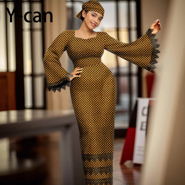 African Dress for Women Elegant Flare Sleeve Lace Dress Slim Fit Party Evening Gown Vestidos with Headwrap African Dress 2425158