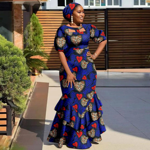 Evening Dresses African Dresses for Women Print Ruffles Maxi Dress with Free Headwrap Elegant Lady Party Wedding Gown Y2225020